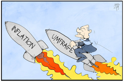 Cartoon: Inflation und Umfragehoch (medium) by Kostas Koufogiorgos tagged karikatur,koufogiorgos,illustration,cartoon,spd,scholz,umfrage,inflation,rakete,karikatur,koufogiorgos,illustration,cartoon,spd,scholz,umfrage,inflation,rakete