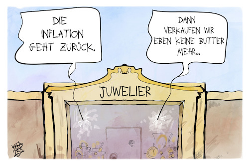 Cartoon: Inflationsrückgang (medium) by Kostas Koufogiorgos tagged karikatur,koufogiorgos,butter,inflation,juwelier,teuer,luxus,geld,karikatur,koufogiorgos,butter,inflation,juwelier,teuer,luxus,geld