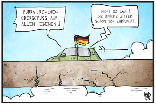 Cartoon: Infrastruktur und Überschuss (medium) by Kostas Koufogiorgos tagged karikatur,koufogiorgos,illustration,cartoon,überschuss,geld,wirtschaft,einnahmen,deutschland,rekord,brücke,einsturz,marode,infrastruktur,sanierungsstau,mängel,länder,kommunen,bund,politik,karikatur,koufogiorgos,illustration,cartoon,überschuss,geld,wirtschaft,einnahmen,deutschland,rekord,brücke,einsturz,marode,infrastruktur,sanierungsstau,mängel,länder,kommunen,bund,politik