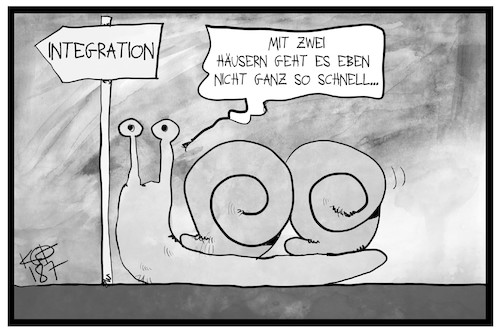 Cartoon: Integration (medium) by Kostas Koufogiorgos tagged karikatur,koufogiorgos,illustration,cartoon,integration,debatte,schnecke,heimat,haus,geschwindigkeit,einwanderungsland,karikatur,koufogiorgos,illustration,cartoon,integration,debatte,schnecke,heimat,haus,geschwindigkeit,einwanderungsland