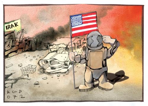 Cartoon: Irakkrieg (medium) by Kostas Koufogiorgos tagged usa,irak,krieg,usa,irak,krieg,2004,amerika,apollo,weltraum,weltall,planet,mond,mission,eroberung,flagge,fahne,zerstörung,astronaut,armstrong,salutieren,schauplatz,auto,wrack,schrott,risse