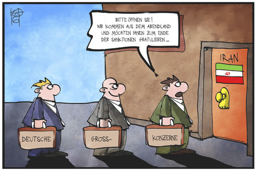 Cartoon: Iran-Sanktionen (medium) by Kostas Koufogiorgos tagged karikatur,koufogiorgos,illustration,cartoon,iran,sanktionen,gratulation,wirtschaft,konzerne,geschäft,profit,karikatur,koufogiorgos,illustration,cartoon,iran,sanktionen,gratulation,wirtschaft,konzerne,geschäft,profit