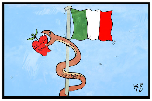 Cartoon: Italien (medium) by Kostas Koufogiorgos tagged karikaturen,koufogiorgos,illustration,cartoon,italien,regierungsbildung,schlange,apfel,versuchung,populismus,fahne,flagge,staatssymbol,karikaturen,koufogiorgos,illustration,cartoon,italien,regierungsbildung,schlange,apfel,versuchung,populismus,fahne,flagge,staatssymbol