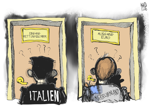 Cartoon: Italien und Griechenland (medium) by Kostas Koufogiorgos tagged rettungsschirm,eingang,ausgang,euro,italien,griechenland,schulden,krise,europa,karikatur,kostas,koufogiorgos,rettungsschirm,italien,griechenland,schulden