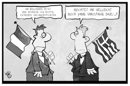 Cartoon: Italienisch-griechische Parallel (medium) by Kostas Koufogiorgos tagged karikatur,koufogiorgos,illustration,cartoon,italien,griechenland,regierung,populisten,extremisten,rechts,links,fahne,europa,demokratie,parallelen,varoufakis,karikatur,koufogiorgos,illustration,cartoon,italien,griechenland,regierung,populisten,extremisten,rechts,links,fahne,europa,demokratie,parallelen,varoufakis