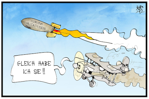 Cartoon: Jagd auf die Mutanten (medium) by Kostas Koufogiorgos tagged karikatur,koufogioros,illustration,cartoon,corona,mutant,b117,rakete,propeller,flugzeug,fliegen,jagd,pandemie,karikatur,koufogioros,illustration,cartoon,corona,mutant,b117,rakete,propeller,flugzeug,fliegen,jagd,pandemie