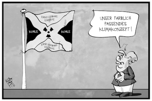 Cartoon: Jamaika-Klimaziele (medium) by Kostas Koufogiorgos tagged karikatur,koufogiorgos,illustration,cartoon,jamaika,fahne,farben,grün,gelb,schwarz,kohle,energie,erneuerbar,ökologie,atom,strom,merkel,sondierung,karikatur,koufogiorgos,illustration,cartoon,jamaika,fahne,farben,grün,gelb,schwarz,kohle,energie,erneuerbar,ökologie,atom,strom,merkel,sondierung