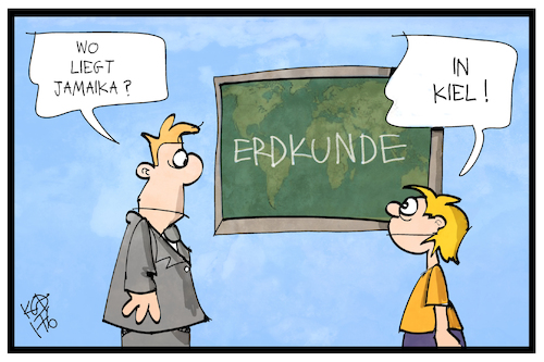 Cartoon: Jamaika in Kiel (medium) by Kostas Koufogiorgos tagged karikatur,koufogiorgos,illustration,cartoon,koalition,jamaika,kiel,gruene,fdp,cdu,schleswig,holstein,regierung,lehrer,schüler,erdkunde,geographie,landkarte,karikatur,koufogiorgos,illustration,cartoon,koalition,jamaika,kiel,gruene,fdp,cdu,schleswig,holstein,regierung,lehrer,schüler,erdkunde,geographie,landkarte