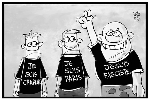 Cartoon: Je suis fasciste (medium) by Kostas Koufogiorgos tagged karikatur,koufogiorgos,illustration,cartoon,frankreich,charlie,paris,terrorismus,faschismus,rechtsruck,demokratie,front,national,regionalwahl,rechtsextremismus,politik,karikatur,koufogiorgos,illustration,cartoon,frankreich,charlie,paris,terrorismus,faschismus,rechtsruck,demokratie,front,national,regionalwahl,rechtsextremismus,politik