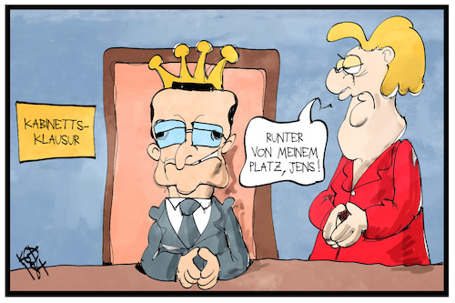 Cartoon: Jens Spahn (medium) by Kostas Koufogiorgos tagged karikatur,koufogiorgos,cartoon,illustration,jens,spahn,merkel,könig,kanzler,stuhl,thron,kabinett,klasur,meseberg,politik,groko,cdu,karikatur,koufogiorgos,cartoon,illustration,jens,spahn,merkel,könig,kanzler,stuhl,thron,kabinett,klasur,meseberg,politik,groko,cdu