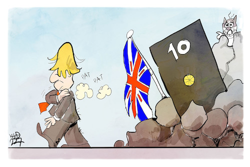 Cartoon: JJohnson tritt den Rückzug an (medium) by Kostas Koufogiorgos tagged karikatur,koufogiorgos,johnson,downing,street,kater,mouser,uk,grossbritannien,karikatur,koufogiorgos,johnson,downing,street,kater,mouser,uk,grossbritannien