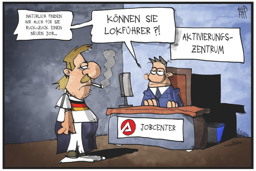 Cartoon: Job-Aktivierungszentrum (medium) by Kostas Koufogiorgos tagged karikatur,koufogiorgos,illustration,cartoon,arbeitsamt,jobcenter,agentur,arbeitslosigkeit,lokführer,beratung,politik,arbeit,job,vermittlung,karikatur,koufogiorgos,illustration,cartoon,arbeitsamt,jobcenter,agentur,arbeitslosigkeit,lokführer,beratung,politik,arbeit,job,vermittlung