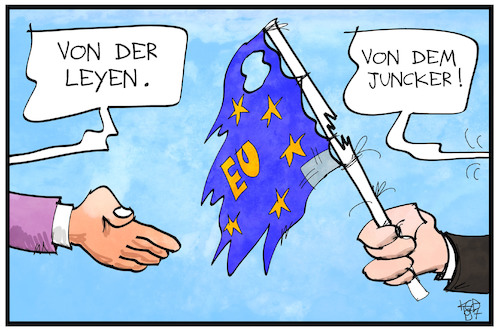 Cartoon: Juncker und von der Leyen (medium) by Kostas Koufogiorgos tagged karikatur,koufogiorgos,illustration,cartoon,juncker,von,der,leyen,fahne,eu,europa,kommissionspräsident,uebergabe,demokratie,politik,karikatur,koufogiorgos,illustration,cartoon,juncker,von,der,leyen,fahne,eu,europa,kommissionspräsident,uebergabe,demokratie,politik