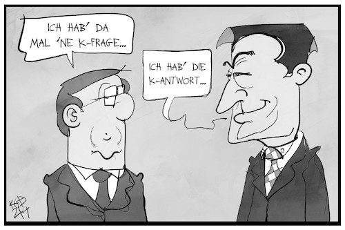 Cartoon: K-Frage und Antwort (medium) by Kostas Koufogiorgos tagged karikatur,koufogiorgos,illustration,cartoon,frage,antwort,cdu,csu,kanzlerkandidat,laschet,soeder,union,karikatur,koufogiorgos,illustration,cartoon,frage,antwort,cdu,csu,kanzlerkandidat,laschet,soeder,union