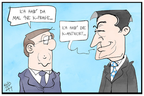 Cartoon: K-Frage und Antwort (medium) by Kostas Koufogiorgos tagged karikatur,koufogiorgos,illustration,cartoon,frage,antwort,cdu,csu,kanzlerkandidat,laschet,soeder,union,karikatur,koufogiorgos,illustration,cartoon,frage,antwort,cdu,csu,kanzlerkandidat,laschet,soeder,union