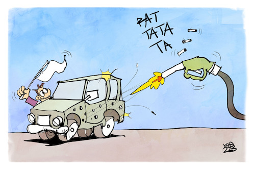 Cartoon: Kapitulation an der Tankstelle (medium) by Kostas Koufogiorgos tagged karikatur,koufogiorgos,sprit,benzin,krieg,ukraine,kapitulation,auto,autofahrer,tankstelle,karikatur,koufogiorgos,sprit,benzin,krieg,ukraine,kapitulation,auto,autofahrer,tankstelle