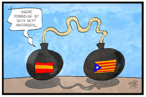 Cartoon: Katalonien-Konflikt (medium) by Kostas Koufogiorgos tagged karikatur,koufogiorgos,illustration,cartoon,katalonien,spanien,konflikt,bombe,streit,verbindung,zündschnur,showdown,europa,separatismus,unabhängigkeit,karikatur,koufogiorgos,illustration,cartoon,katalonien,spanien,konflikt,bombe,streit,verbindung,zündschnur,showdown,europa,separatismus,unabhängigkeit