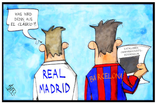 Cartoon: Kataloniens Unabhängigkeit (medium) by Kostas Koufogiorgos tagged karikatur,koufogiorgos,illustration,cartoon,katalonien,el,clasico,fussball,barcelona,real,madrid,spanien,unabhaengigkeit,separatismus,karikatur,koufogiorgos,illustration,cartoon,katalonien,el,clasico,fussball,barcelona,real,madrid,spanien,unabhaengigkeit,separatismus