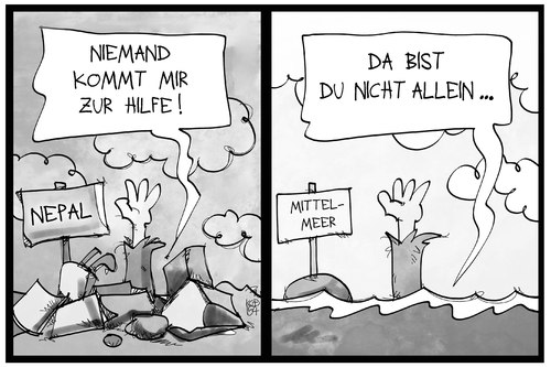 Cartoon: Katastrophenhilfe (medium) by Kostas Koufogiorgos tagged karikatur,koufogiorgos,illustration,cartoon,nepal,mittelmeer,flüchtling,erdbeben,opfer,katastrophe,hilfe,trümmer,meer,wasser,karikatur,koufogiorgos,illustration,cartoon,nepal,mittelmeer,flüchtling,erdbeben,opfer,katastrophe,hilfe,trümmer,meer,wasser