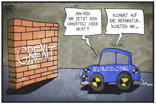 Cartoon: GREXIT (medium) by Kostas Koufogiorgos tagged reparatur,rechnung,auto,test,crash,mauer,grexit,demonstration,protest,kögida,dunkelheit,kirche,dom,köln,cartoon,illustration,koufogiorgos,karikatur,europa,eu,eurozone,euro,austritt,griechenland,wirtschaft,politi,karikatur,koufogiorgos,illustration,cartoon,köln,dom,kirche,dunkelheit,kögida,protest,demonstration,kommune,finanznot,geld,wirtschaft,politik