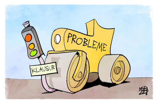 Cartoon: Klausur (medium) by Kostas Koufogiorgos tagged karikatur,koufogiorgos,klausur,meseberg,ampel,planierraupe,karikatur,koufogiorgos,klausur,meseberg,ampel,planierraupe