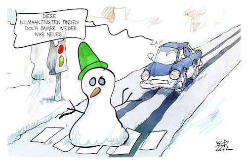 Cartoon: Klimaaktivisten (medium) by Kostas Koufogiorgos tagged karikatur,koufogiorgos,schneemann,strasse,blockade,klimaaktivisten,schnee,winter,karikatur,koufogiorgos,schneemann,strasse,blockade,klimaaktivisten,schnee,winter