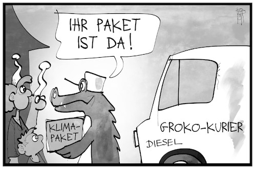 Cartoon: Klimapaket-Lieferung (medium) by Kostas Koufogiorgos tagged karikatur,koufogiorgos,illustration,cartoon,klimapaket,groko,grokodil,lieferung,diesel,paket,bote,michel,umwelt,gesetz,klimaschutzgesetz,karikatur,koufogiorgos,illustration,cartoon,klimapaket,groko,grokodil,lieferung,diesel,paket,bote,michel,umwelt,gesetz,klimaschutzgesetz