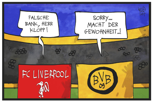 Cartoon: Klopp kehrt  heim (medium) by Kostas Koufogiorgos tagged karikatur,koufogiorgos,illustration,cartoon,bvb,dortmund,klopp,liverpool,fussball,sport,stadion,bank,europa,league,trainer,coach,karikatur,koufogiorgos,illustration,cartoon,bvb,dortmund,klopp,liverpool,fussball,sport,stadion,bank,europa,league,trainer,coach