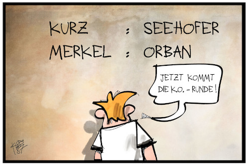 Cartoon: K.o.-Runde Asylstreit (medium) by Kostas Koufogiorgos tagged karikatur,koufogiorgos,illustration,cartoon,ko,merkel,kurz,seehofer,orban,asylpolitik,asylstreit,kampf,konflikt,begegnung,karikatur,koufogiorgos,illustration,cartoon,ko,merkel,kurz,seehofer,orban,asylpolitik,asylstreit,kampf,konflikt,begegnung