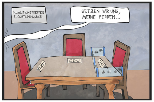 Cartoon: Koalitionstreffen (medium) by Kostas Koufogiorgos tagged karikatur,koufogiorgos,illustration,cartoon,koalition,treffen,gipfel,flüchtlingskrise,tisch,verhandlung,beratung,cdu,csu,spd,regierung,partei,groko,zaun,abschottung,politik,karikatur,koufogiorgos,illustration,cartoon,koalition,treffen,gipfel,flüchtlingskrise,tisch,verhandlung,beratung,cdu,csu,spd,regierung,partei,groko,zaun,abschottung,politik