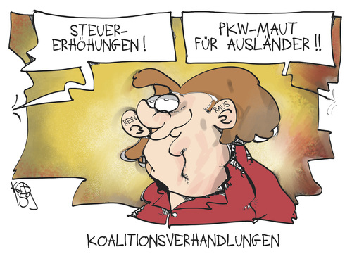 Cartoon: Koalitionsverhandlungen (medium) by Kostas Koufogiorgos tagged koufogiorgos,karikatur,regierung,kompromiss,maut,steuererhöhungen,merkel,koalitionsberhandlungen,koalitionsberhandlungen,merkel,steuererhöhungen,maut,kompromiss,regierung,karikatur,koufogiorgos