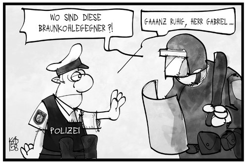 Cartoon: Kohlekraft-Gegner (medium) by Kostas Koufogiorgos tagged karikatur,koufogiorgos,illustration,cartoon,kohle,braunkohle,polizist,polizei,gabriel,gegner,demonstrant,gewalt,protest,tagebau,energie,wirtschaft,garzweiler,umwelt,karikatur,koufogiorgos,illustration,cartoon,kohle,braunkohle,polizist,polizei,gabriel,gegner,demonstrant,gewalt,protest,tagebau,energie,wirtschaft,garzweiler,umwelt