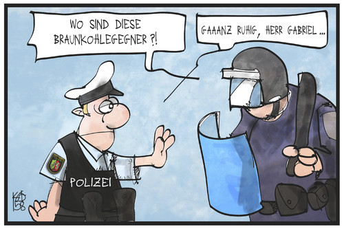 Cartoon: Kohlekraft-Gegner (medium) by Kostas Koufogiorgos tagged karikatur,koufogiorgos,illustration,cartoon,kohle,braunkohle,polizist,polizei,gabriel,gegner,demonstrant,gewalt,protest,tagebau,energie,wirtschaft,garzweiler,umwelt,karikatur,koufogiorgos,illustration,cartoon,kohle,braunkohle,polizist,polizei,gabriel,gegner,demonstrant,gewalt,protest,tagebau,energie,wirtschaft,garzweiler,umwelt