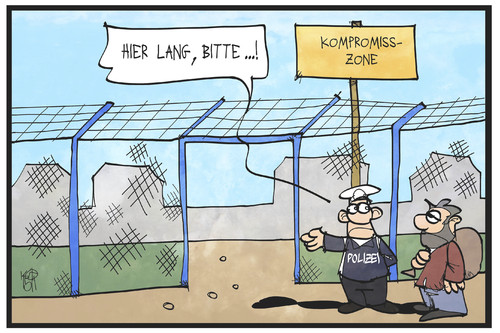 Cartoon: Kompromiss-Zone (medium) by Kostas Koufogiorgos tagged karikatur,koufogiorgos,illustration,cartoon,kompromiss,transitzone,zone,zaun,einreise,flüchtling,polizei,flüchtlingskrise,flüchtlingspolitik,grenze,karikatur,koufogiorgos,illustration,cartoon,kompromiss,transitzone,zone,zaun,einreise,flüchtling,polizei,flüchtlingskrise,flüchtlingspolitik,grenze