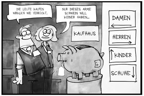 Cartoon: Konjunktur (medium) by Kostas Koufogiorgos tagged karikatur,koufogiorgos,illustration,cartoon,gfk,konsum,klima,konsumklimaindex,konjunktur,kaufhaus,einkaufen,sparen,sparschwein,ladenhüter,karikatur,koufogiorgos,illustration,cartoon,gfk,konsum,klima,konsumklimaindex,konjunktur,kaufhaus,einkaufen,sparen,sparschwein,ladenhüter