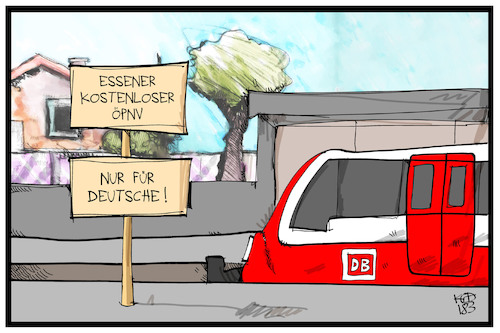 Cartoon: Kostenloser ÖPNV in Essen (medium) by Kostas Koufogiorgos tagged karikatur,koufogiorgos,illustration,cartoon,öpnv,nahverkehr,offentlich,essen,deutsch,zug,bahn,bus,rassismus,bahnhof,karikatur,koufogiorgos,illustration,cartoon,öpnv,nahverkehr,offentlich,essen,deutsch,zug,bahn,bus,rassismus,bahnhof