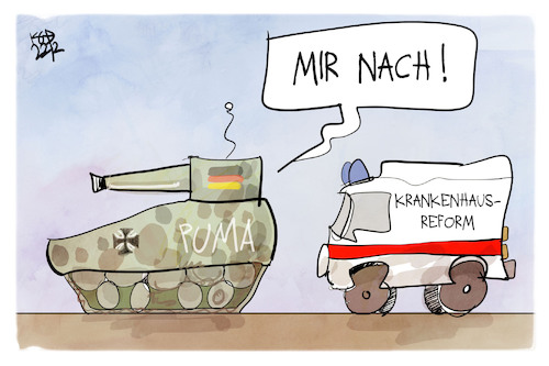 Cartoon: Krankenhausreform (medium) by Kostas Koufogiorgos tagged karikatur,koufogiorgos,krankenhausreform,rettungswagen,puma,bundeswehr,panne,karikatur,koufogiorgos,krankenhausreform,rettungswagen,puma,bundeswehr,panne