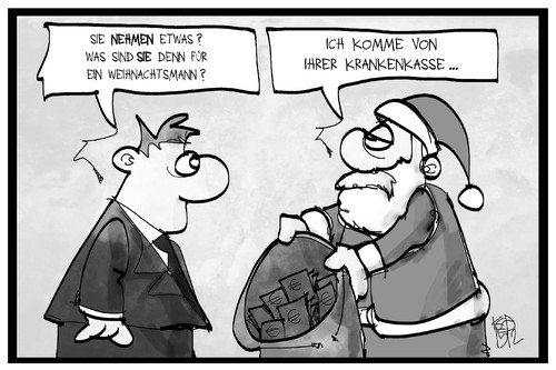 Cartoon: Krankenkassenbeiträge (medium) by Kostas Koufogiorgos tagged karikatur,koufogiorgos,illustration,cartoon,krankenkasse,weihnachtsmann,geld,beiträge,sozialstaat,geschenk,geben,nehmen,karikatur,koufogiorgos,illustration,cartoon,krankenkasse,weihnachtsmann,geld,beiträge,sozialstaat,geschenk,geben,nehmen