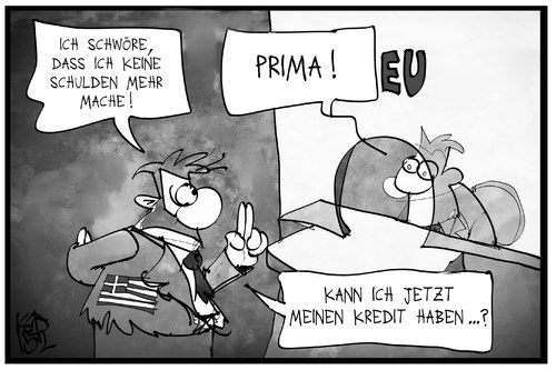 Cartoon: Kreditanfrage bei der EU (medium) by Kostas Koufogiorgos tagged karikatur,koufogiorgos,illustration,cartoon,eu,europa,bank,kredit,pump,schulden,geld,wirtschaft,schwur,lüge,politik,karikatur,koufogiorgos,illustration,cartoon,eu,europa,bank,kredit,pump,schulden,geld,wirtschaft,schwur,lüge,politik