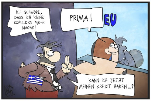 Cartoon: Kreditanfrage bei der EU (medium) by Kostas Koufogiorgos tagged karikatur,koufogiorgos,illustration,cartoon,eu,europa,bank,kredit,pump,schulden,geld,wirtschaft,schwur,lüge,politik,karikatur,koufogiorgos,illustration,cartoon,eu,europa,bank,kredit,pump,schulden,geld,wirtschaft,schwur,lüge,politik