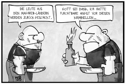 Cartoon: Kriminelle Ausländer (medium) by Kostas Koufogiorgos tagged karikatur,koufogiorgos,illustration,cartoon,auslaender,neonazi,maghreb,kriminalität,rechtsextremismus,fremdenfeindlichkeit,anschlag,skinhead,politik,sicherheit,karikatur,koufogiorgos,illustration,cartoon,auslaender,neonazi,maghreb,kriminalität,rechtsextremismus,fremdenfeindlichkeit,anschlag,skinhead,politik,sicherheit