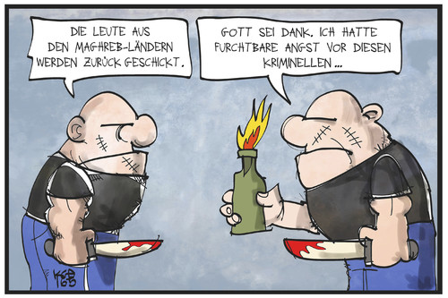 Cartoon: Kriminelle Ausländer (medium) by Kostas Koufogiorgos tagged karikatur,koufogiorgos,illustration,cartoon,auslaender,neonazi,maghreb,kriminalität,rechtsextremismus,fremdenfeindlichkeit,anschlag,skinhead,politik,sicherheit,karikatur,koufogiorgos,illustration,cartoon,auslaender,neonazi,maghreb,kriminalität,rechtsextremismus,fremdenfeindlichkeit,anschlag,skinhead,politik,sicherheit