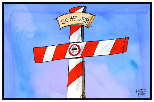 Cartoon: Kritik an Scheuer (medium) by Kostas Koufogiorgos tagged karikatur,koufogiorgos,illustration,cartoon,scheuer,kreuz,balken,maut,pkw,verkehrsminister,karikatur,koufogiorgos,illustration,cartoon,scheuer,kreuz,balken,maut,pkw,verkehrsminister