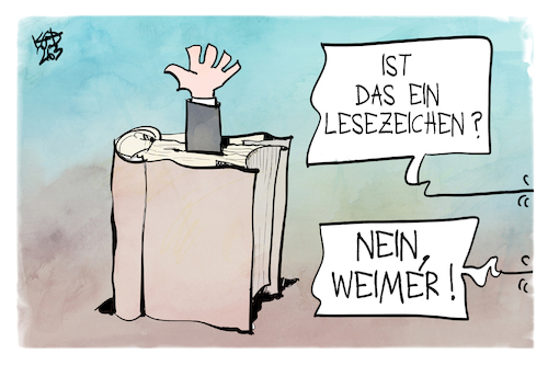 Cartoon: Kritik an Weimer (medium) by Kostas Koufogiorgos tagged karikatur,koufogiorgos,weimer,kritik,buch,lesezeichen,karikatur,koufogiorgos,weimer,kritik,buch,lesezeichen