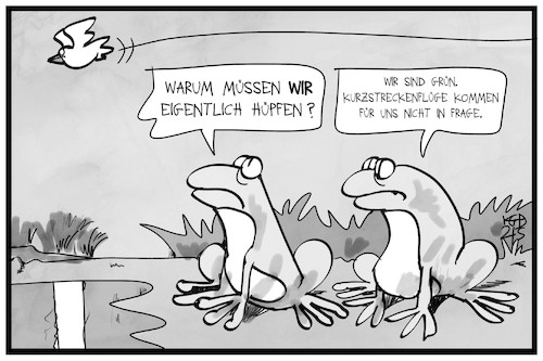 Cartoon: Kurzstreckenflüge (medium) by Kostas Koufogiorgos tagged karikatur,koufogiorgos,illustration,cartoon,kurzstreckenflüge,grün,frosch,fliegen,klimaschutz,hüpfen,vogel,karikatur,koufogiorgos,illustration,cartoon,kurzstreckenflüge,grün,frosch,fliegen,klimaschutz,hüpfen,vogel