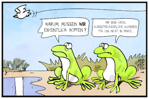 Cartoon: Kurzstreckenflüge (medium) by Kostas Koufogiorgos tagged karikatur,koufogiorgos,illustration,cartoon,kurzstreckenflüge,grün,frosch,fliegen,klimaschutz,hüpfen,vogel,karikatur,koufogiorgos,illustration,cartoon,kurzstreckenflüge,grün,frosch,fliegen,klimaschutz,hüpfen,vogel