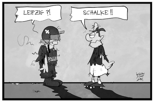 Cartoon: Leipzig und Schalke (medium) by Kostas Koufogiorgos tagged karikatur,koufogiorgos,illustration,cartoon,leipzig,schalke,polizei,polizeigewalt,fussball,bundesliga,niederlage,sport,demonstration,karikatur,koufogiorgos,illustration,cartoon,leipzig,schalke,polizei,polizeigewalt,fussball,bundesliga,niederlage,sport,demonstration