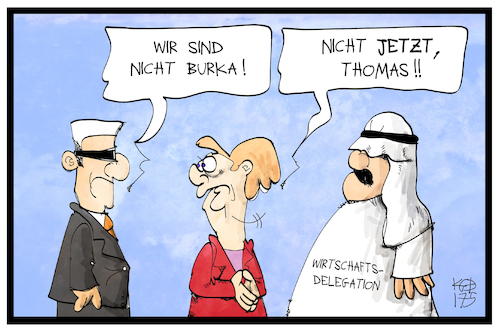 Cartoon: Leitkultur-Debatte (medium) by Kostas Koufogiorgos tagged karikatur,koufogiorgos,illustration,cartoon,leitkultur,maiziere,merkel,saudi,arabien,scheich,burka,debatte,integration,karikatur,koufogiorgos,illustration,cartoon,leitkultur,maiziere,merkel,saudi,arabien,scheich,burka,debatte,integration