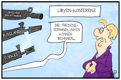 Cartoon: Libyen-Konferenz (medium) by Kostas Koufogiorgos tagged karikatur,koufogiorgos,illustration,cartoon,waffe,gewalt,krieg,konflikt,merkel,frieden,erpressung,diplomatie,karikatur,koufogiorgos,illustration,cartoon,waffe,gewalt,krieg,konflikt,merkel,frieden,erpressung,diplomatie