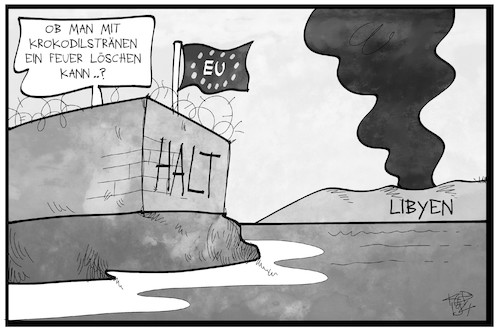 Cartoon: Libyen (medium) by Kostas Koufogiorgos tagged karikatur,koufogiorgos,illustration,cartoon,libyen,eu,europa,mauer,krokodilsträner,feuer,löschen,krieg,konflikt,karikatur,koufogiorgos,illustration,cartoon,libyen,eu,europa,mauer,krokodilsträner,feuer,löschen,krieg,konflikt